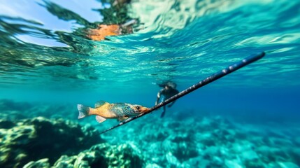 Spearfisher emerging from the water with a catch, underwater hunting success