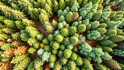 The top-down perspective reveals a lush forest filled with a variety of trees, showcasing rich greens interspersed with some lighter tones under bright daylight