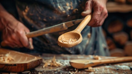 craftsman skillfully carves a wooden spoon by hand, National Craft Month