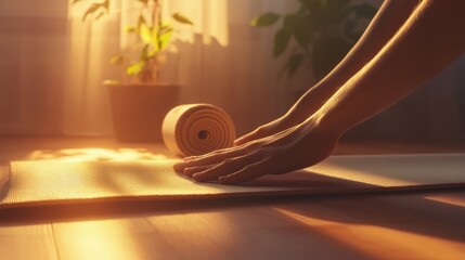 a person's hands rolling out a yoga mat for a morning sun salutation practice, starting the day with movement and intention