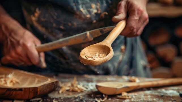 craftsman skillfully carves a wooden spoon by hand, National Craft Month - Powered by Adobe