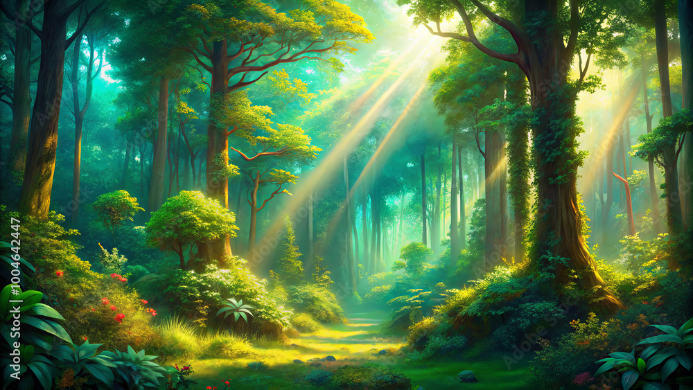 Poster sunlight streams through tall trees in a tranquil forest, highlighting the rich foliage and creating