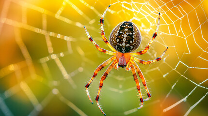 Obraz premium A high-definition macro photograph capturing the delicate details of a spider weaving its web.