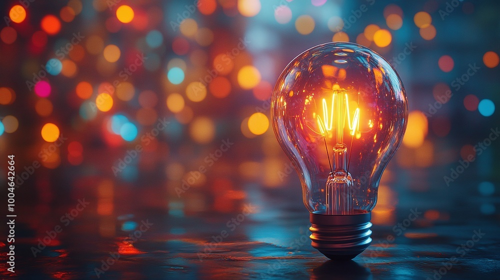Poster breakthrough and imagination symbolized by a glowing light bulb and colorful bokeh lights in creativ