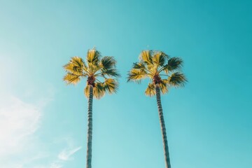 Obraz premium Two palm trees stand tall against a clear blue sky, basking in the sunlight on a warm day in a tropical setting