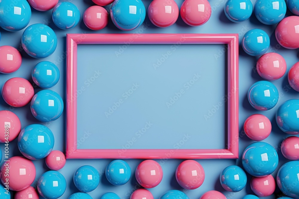 Fototapete blue balls background with pink frame and white screen for text, top view. the design is minimalisti