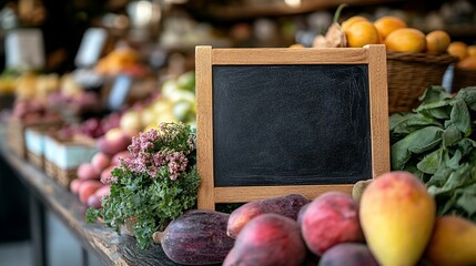 Blank chalkboard sign on a produce table with fresh fruit and vegetables. - Powered by Adobe