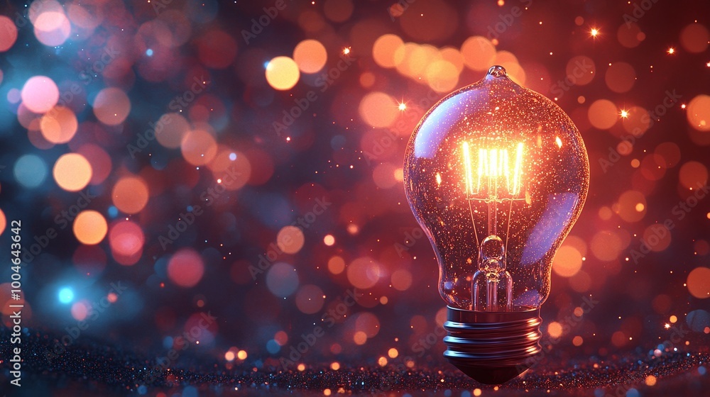 Poster breakthrough and imagination symbolized by a glowing light bulb and colorful bokeh lights in creativ