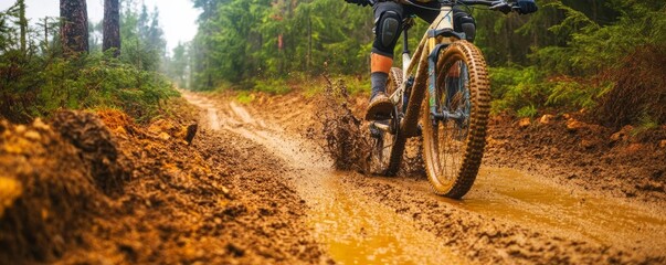 Obraz premium Trail biker conquering muddy forest paths, splashes of mud in motion, rugged terrain, dynamic speed