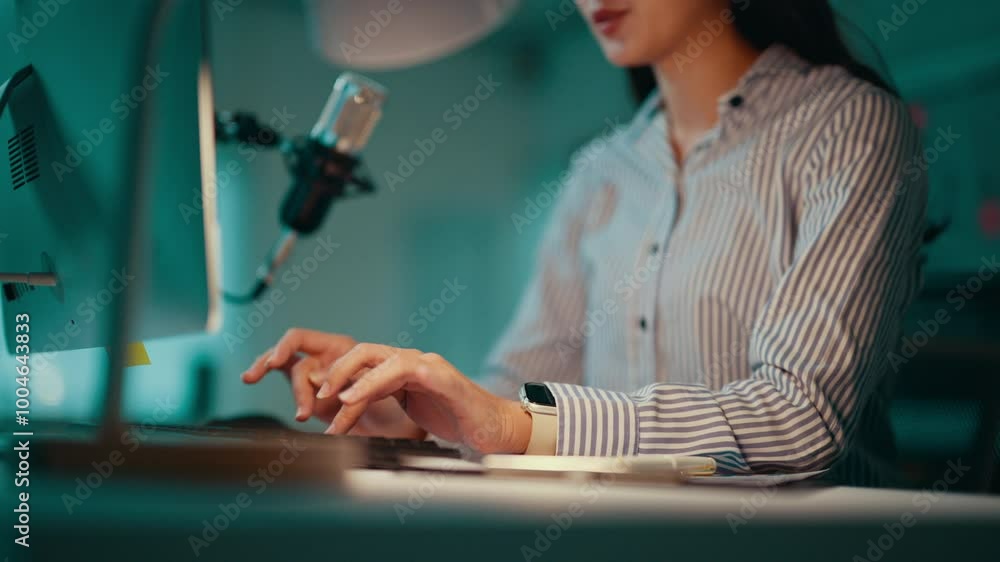 Poster Woman is working late at night, illuminated by the glow of her computer screen. She is typing on a keyboard and wearing a smartwatch