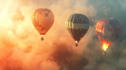 Fototapeta premium Colorful hot air balloons soar high into the sky, their flames flickering against a hazy, blue background.