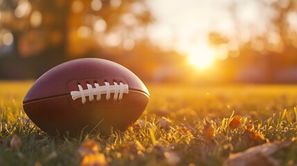 Rugby Ball on Grass Field during Sunset,generative ai