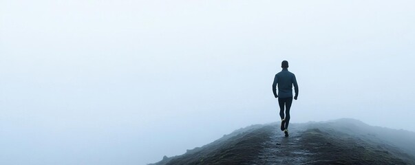 Trail runner in mountain fog, silhouette, mystery