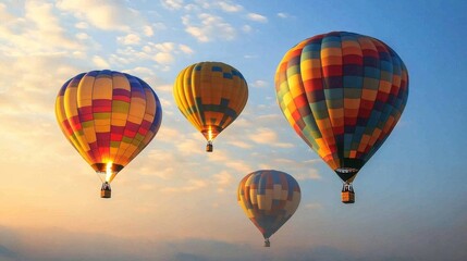 Fototapeta premium Colorful hot air balloons soar high into the sky, their flames flickering against a hazy, blue background.