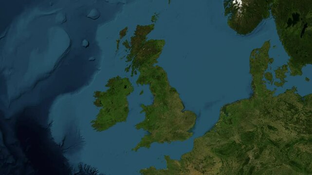 Zoom from Earth to United Kingdom. (No Border) World map animation with highlighted borders of UK. Images from NASA