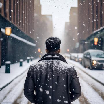 Hombre caminando por la calle de una ciudad mientras est&aacute; nevando