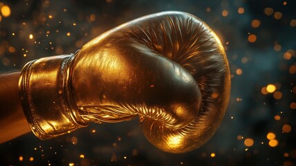 Obraz premium Golden boxing glove floating on a dark background with smoke