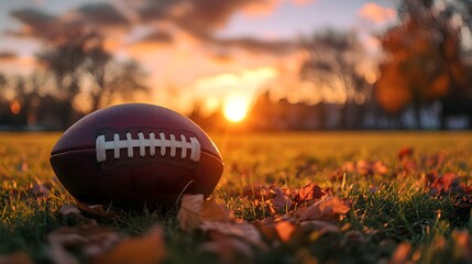 Rugby Ball on Grass Field during Sunset,generative ai