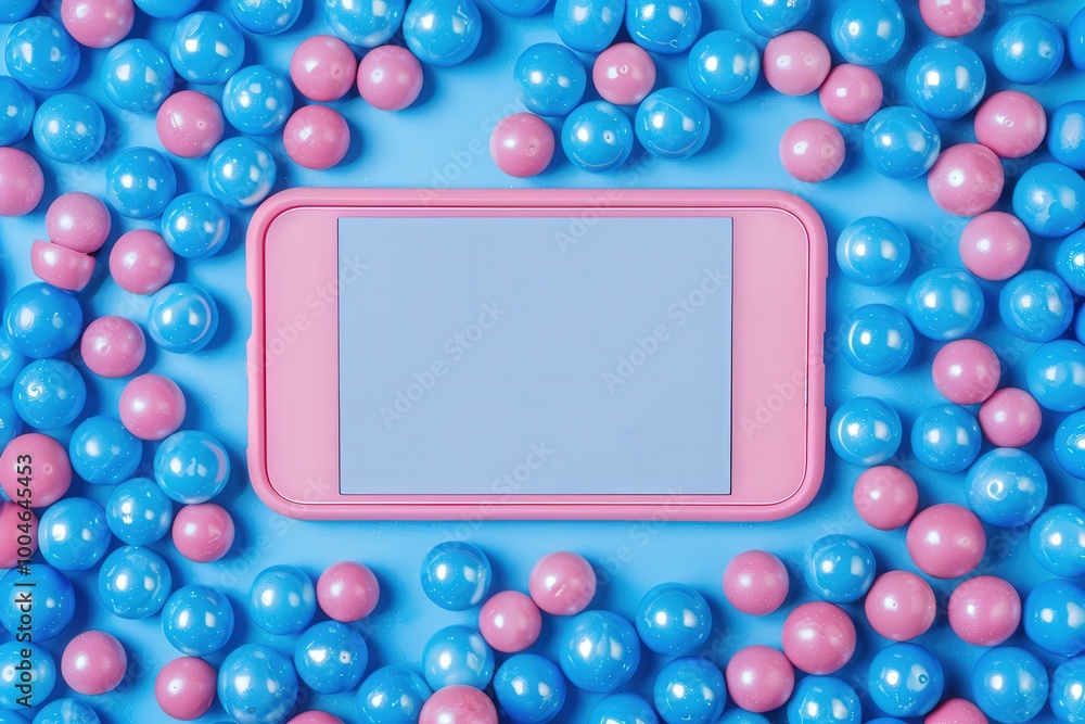 Poster blue balls background with pink frame and white screen for text, top view. the design is minimalisti