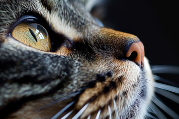 A close-up of a cat's face, focusing on its eye, nose, and whiskers. The cat has striking golden eyes and a detailed fur pattern, showcasing the texture and colors of its coat.