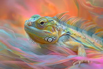 Fototapeta premium A colorful iguana resting on a soft, flowing fabric background with pastel hues of pink, orange, and blue. 
