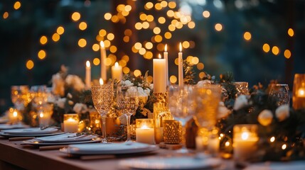 Obraz premium Wedding table setting. hall decoration with a lot of string lights