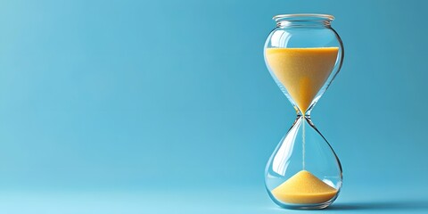 an hourglass filled with sand flowing steadily. isolated on blue background with copy space. tracking time concept, generative ai