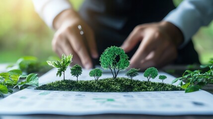 Businessman planning on environmental protection initiative for clean and sustainable future ecology, ESG environmental social governance display on paper chart on eco-friendly company