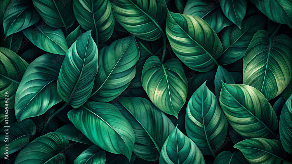Poster this display features a variety of large, glossy green leaves overlapping each other, showcasing a r