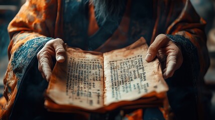 Close up of a Three Kingdoms strategist holding ancient scrolls
