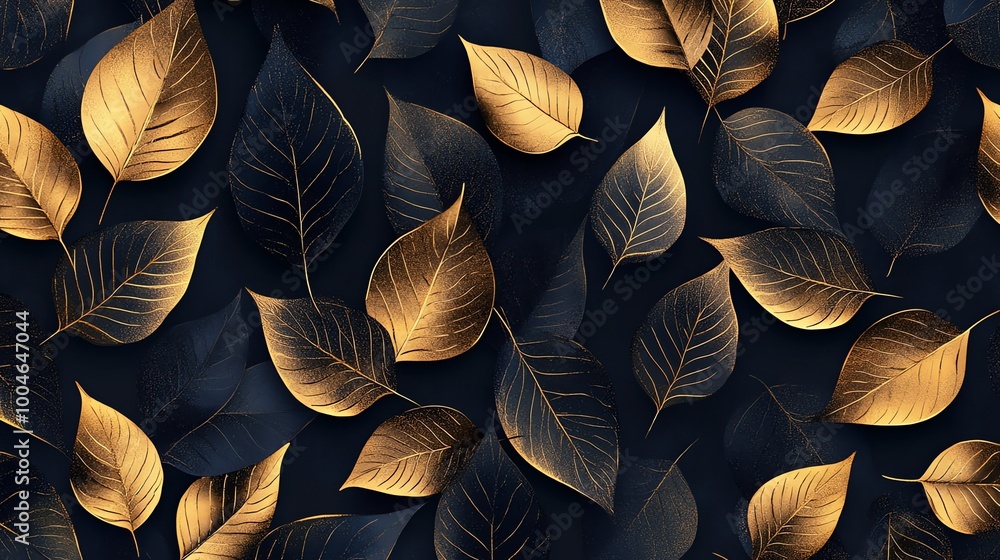 Poster gold and black leaves on a dark background create a luxurious and elegant pattern.