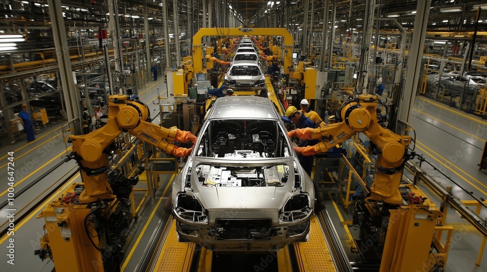 Poster automated car manufacturing process inside a modern factory with robotic arms and workers during day