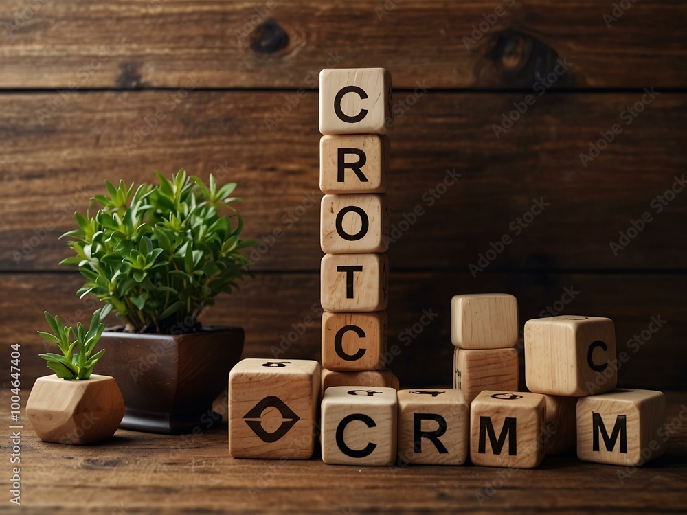 Poster crm concept with linked wooden blocks and customer focus icons.
