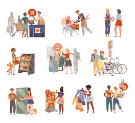 People Character Do Payment Cashless with Credit Card and Gadget Vector Set