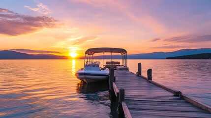 Boat Dock at Sunset with Calm Water and Golden Sky,generative ai