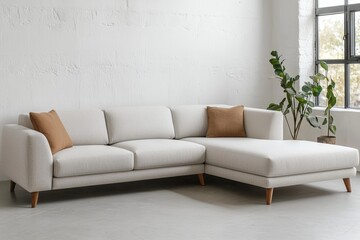 Natural light illuminates the minimalist living room with a modern sectional sofa.