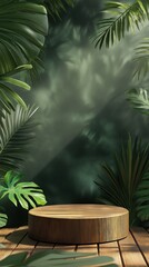 Empty wooden podium surrounded by lush tropical foliage, creating a serene and natural setting for product presentation