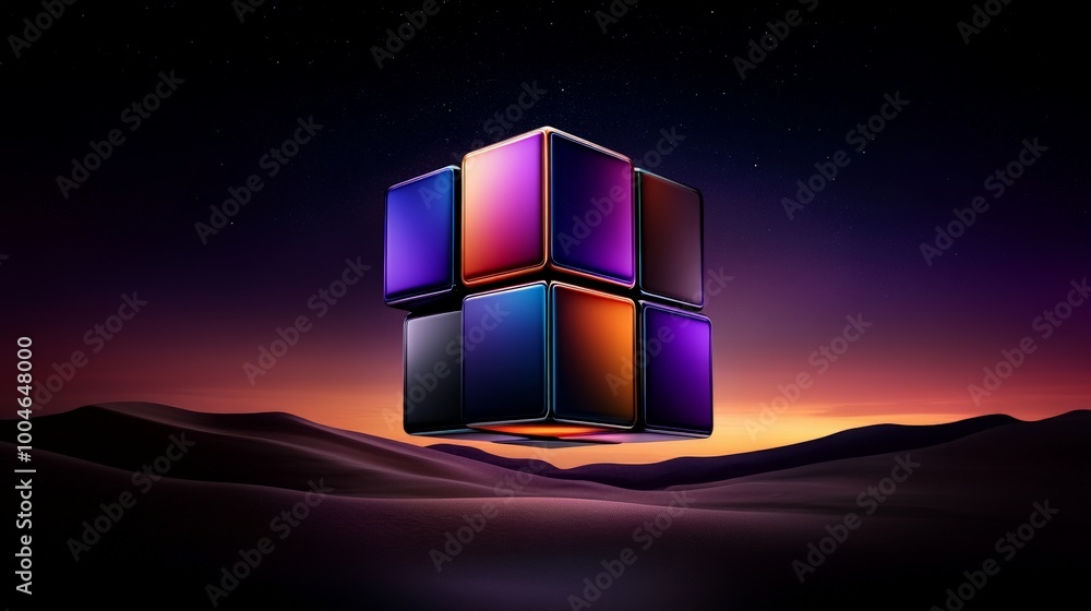 Poster abstract cube at sunset: a vibrant, abstract cube, bathed in the warm glow of a setting sun, floats 