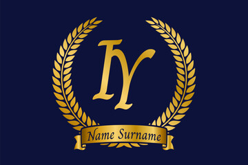 Initial letter I and Y, IY monogram logo design with laurel wreath. Luxury golden calligraphy font.