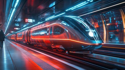 Fototapeta premium Cyberpunk modern fast train with future technology stops at the station background wallpaper AI generated image