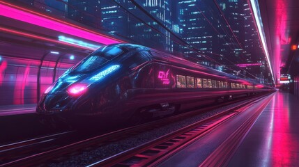 Cyberpunk modern fast train with future technology stops at the station background wallpaper AI generated image