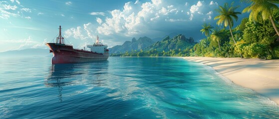 Obraz premium Oil Tanker Moored at Tropical Island Paradise