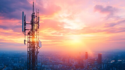 Fototapeta premium modern telecommunication cell tower with colorful sky at sunset background.generative ai