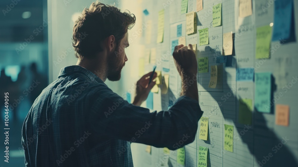Poster employee arranging sticky notes on a kanban board during an agile sprint planning.