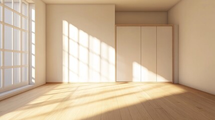 Obraz premium The bedroom is bright and empty, with light wood floors and a white wardrobe with sliding doors. Wardrobes are great for saving space and keeping things organized.