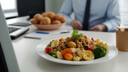 Plate of food on the desktop in the office