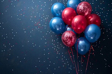 Bunch of balloons in blue and red are floating in the air at banner with copy space