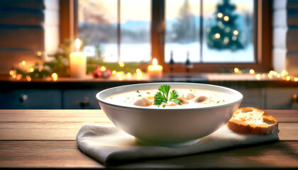 Bowl of classic irish seafood chowder garnished with parsley