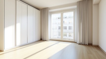 Fototapeta premium The bedroom is bright and empty, with light wood floors and a white wardrobe with sliding doors. Wardrobes are great for saving space and keeping things organized.