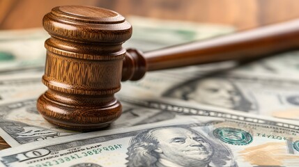 Judge's Gavel on US Dollar Bills Representing Legal Costs,generative ai